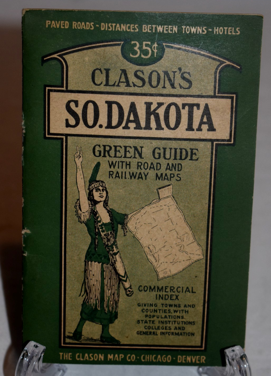 CLASON’S SOUTH DAKOTA 1925 Green Guide Road Map Included Missing Railroad Map