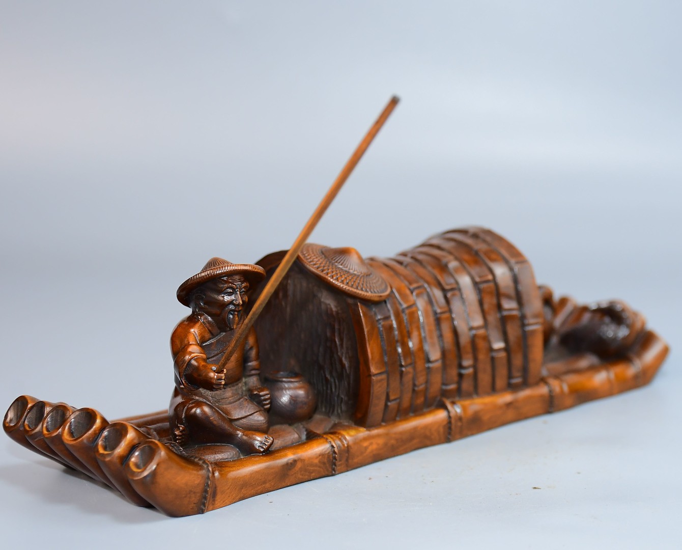 Boxwood Carving Figurine Carved Wooden Incense Holder Fisherman Cormorant Raft