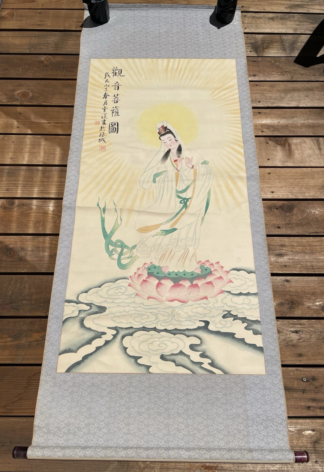 VINTAGE CHINESE SCROLL PAINTING WATERCOLOR GUANYIN KWAN YIN BUDDHISM 6ft