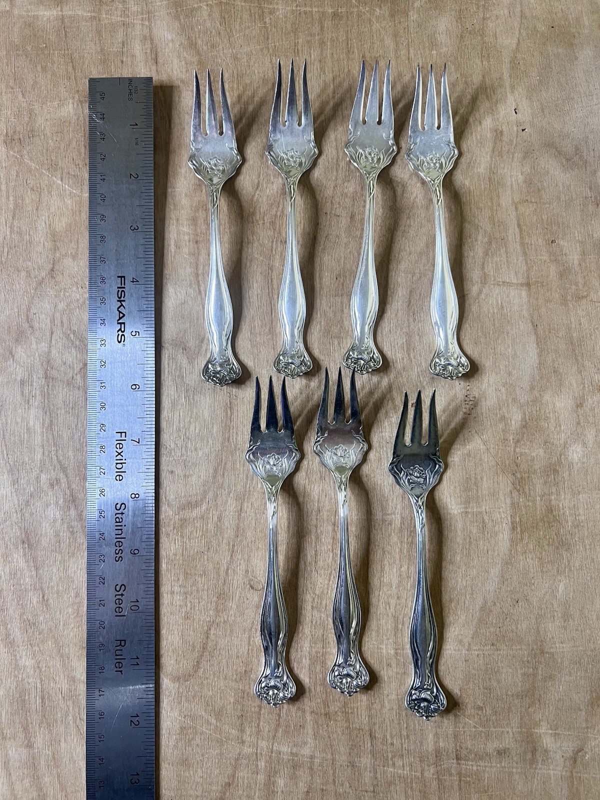 7 Rogers Bro. A1 Silver-plate” Mystic Poppy” Salad Forks (Art Nouveau)