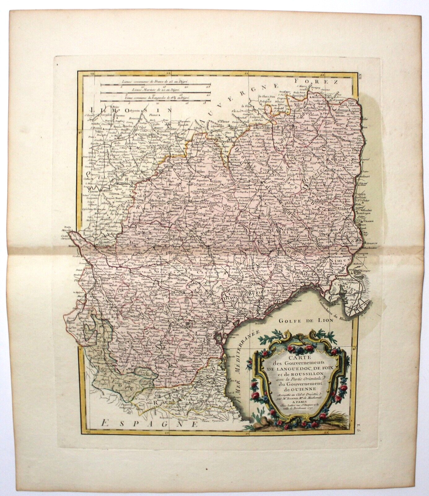 Original 1771 Map-France-Languedoc-Foix-Roussillon by Bonne-Atlas Moderne