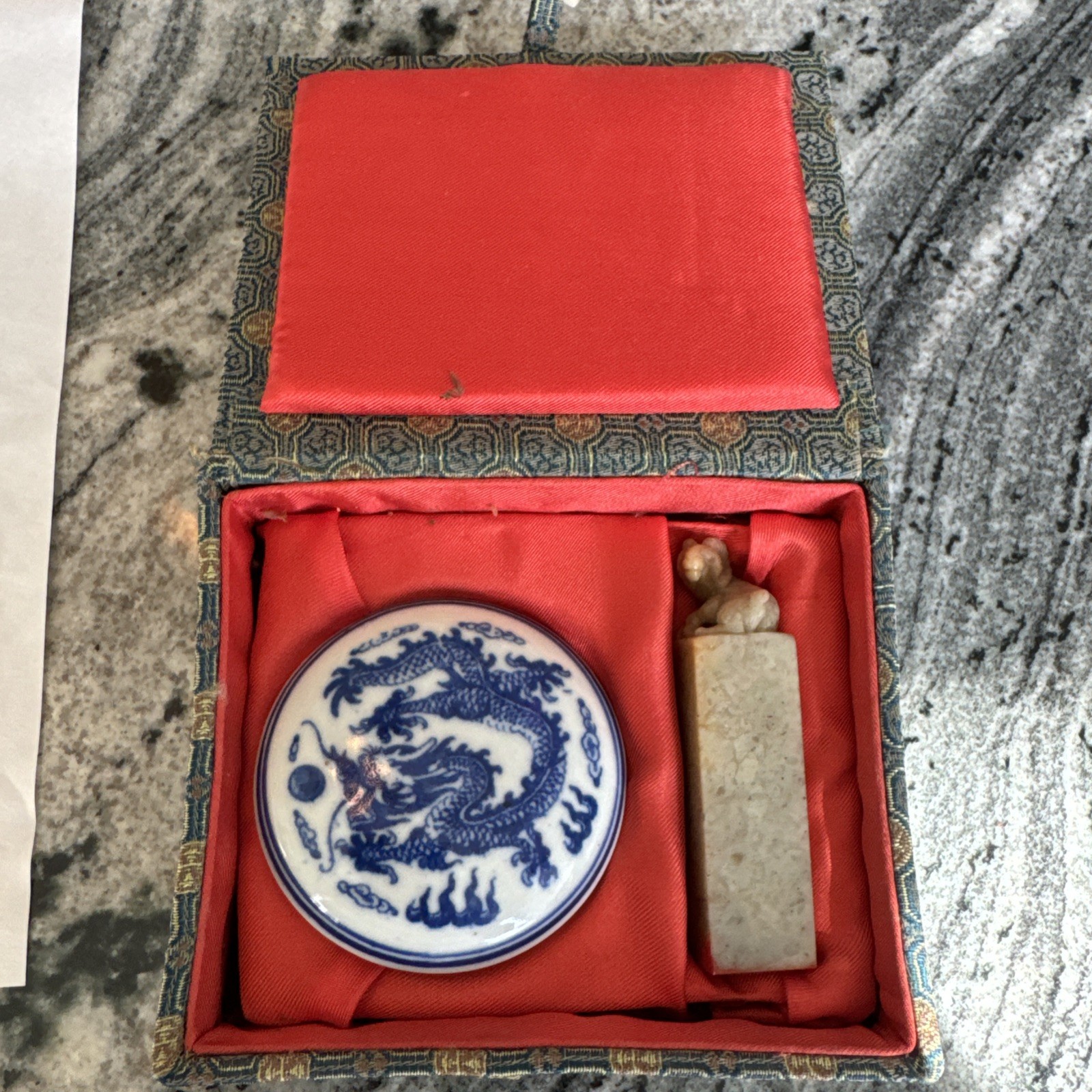 Vintage Asian Carved Marble Ink Seal Stamp Blue Dragon Porcelain Ink Pot