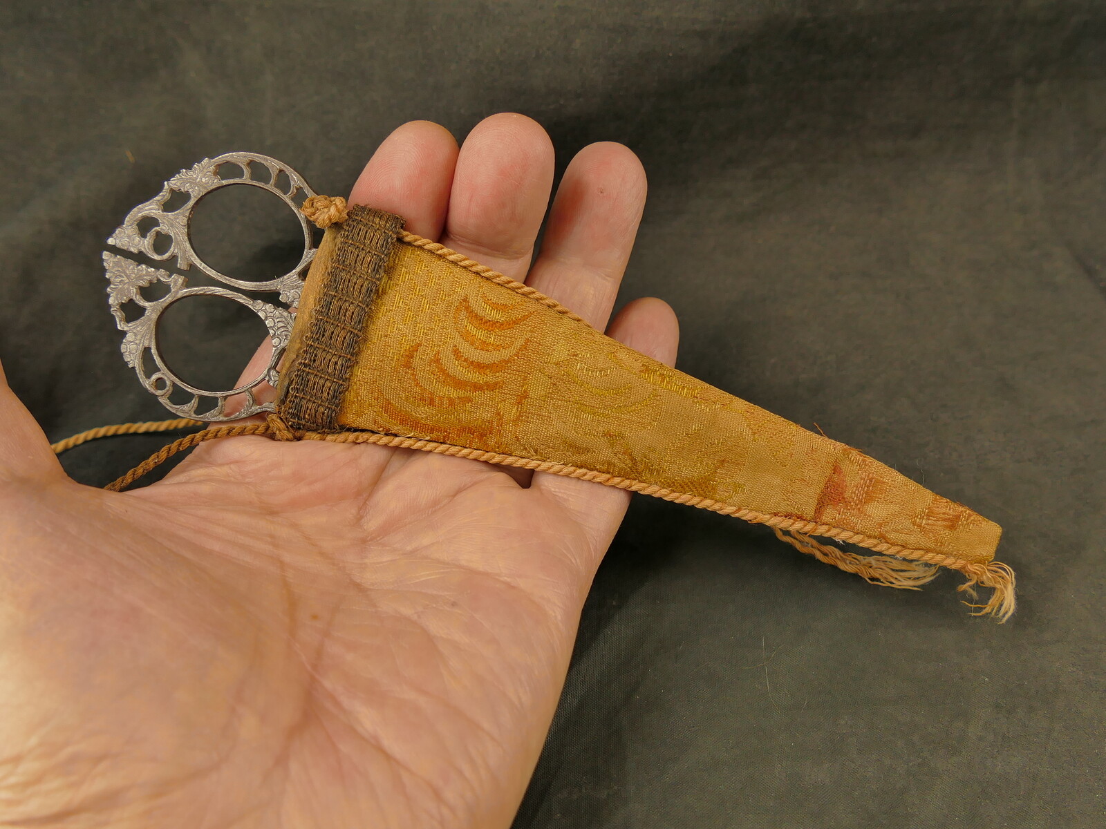 ANTIQUE ITALIAN PIERCED STEEL SCISSORS W/ BROCADE CASE TAOS ARTIST PROVENANCE