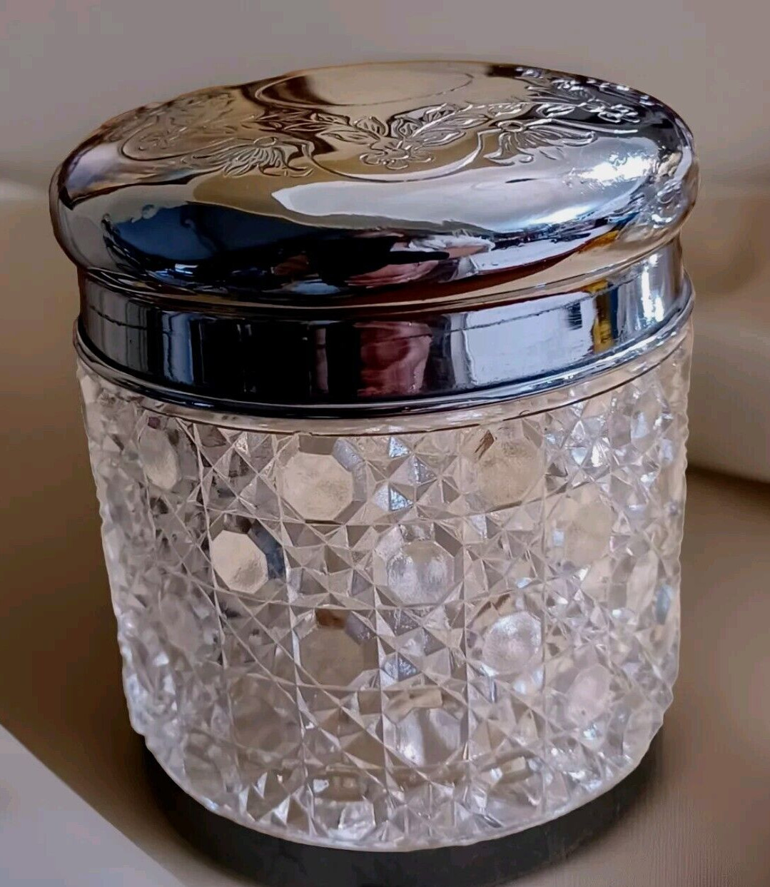 1916 Antique English Silver-plated Lid Cut Crystal Dresser Powder Vanity Jar