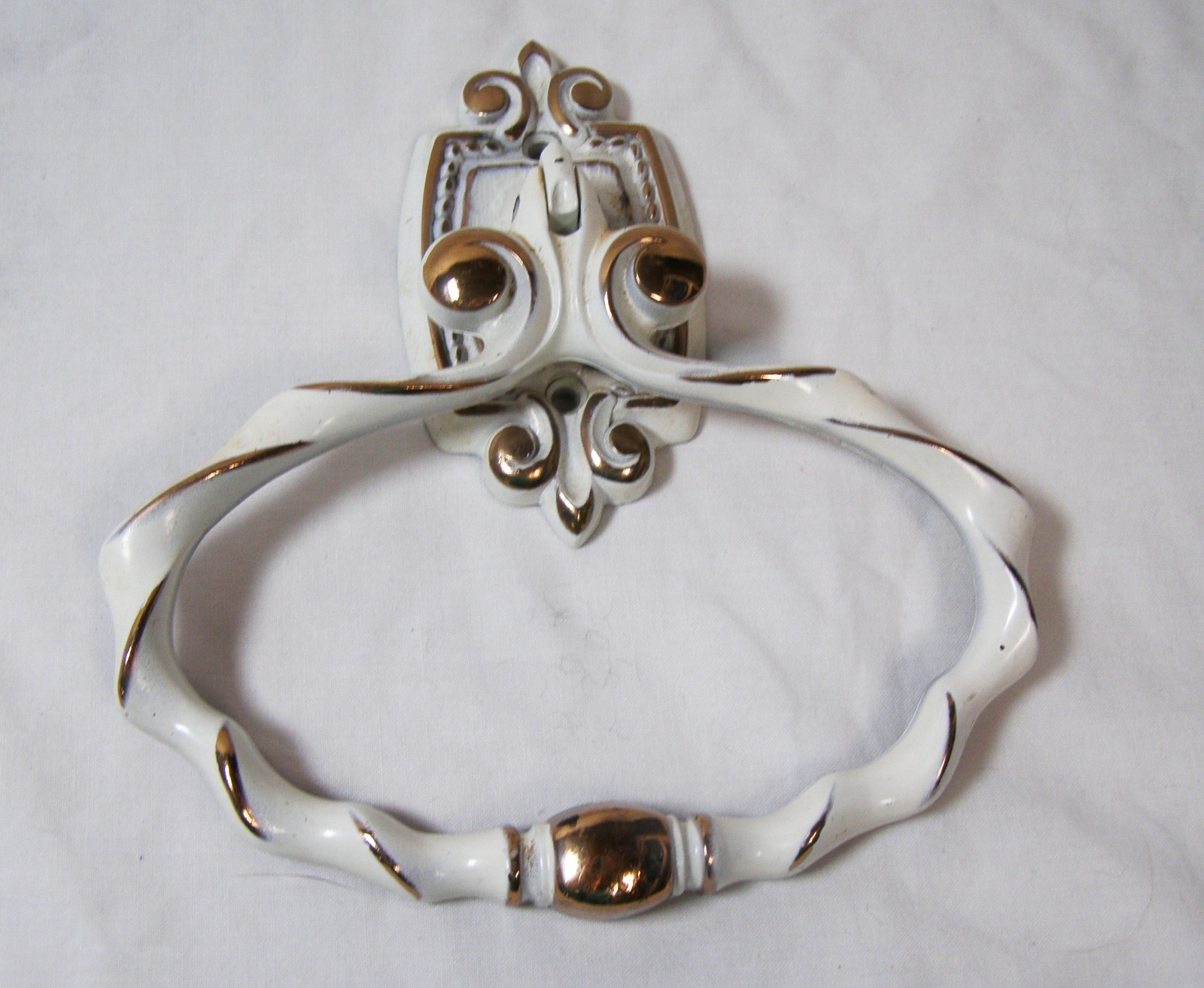 Vintage French Provincial Off White Gold Door Knocker Hardware Towel Holder