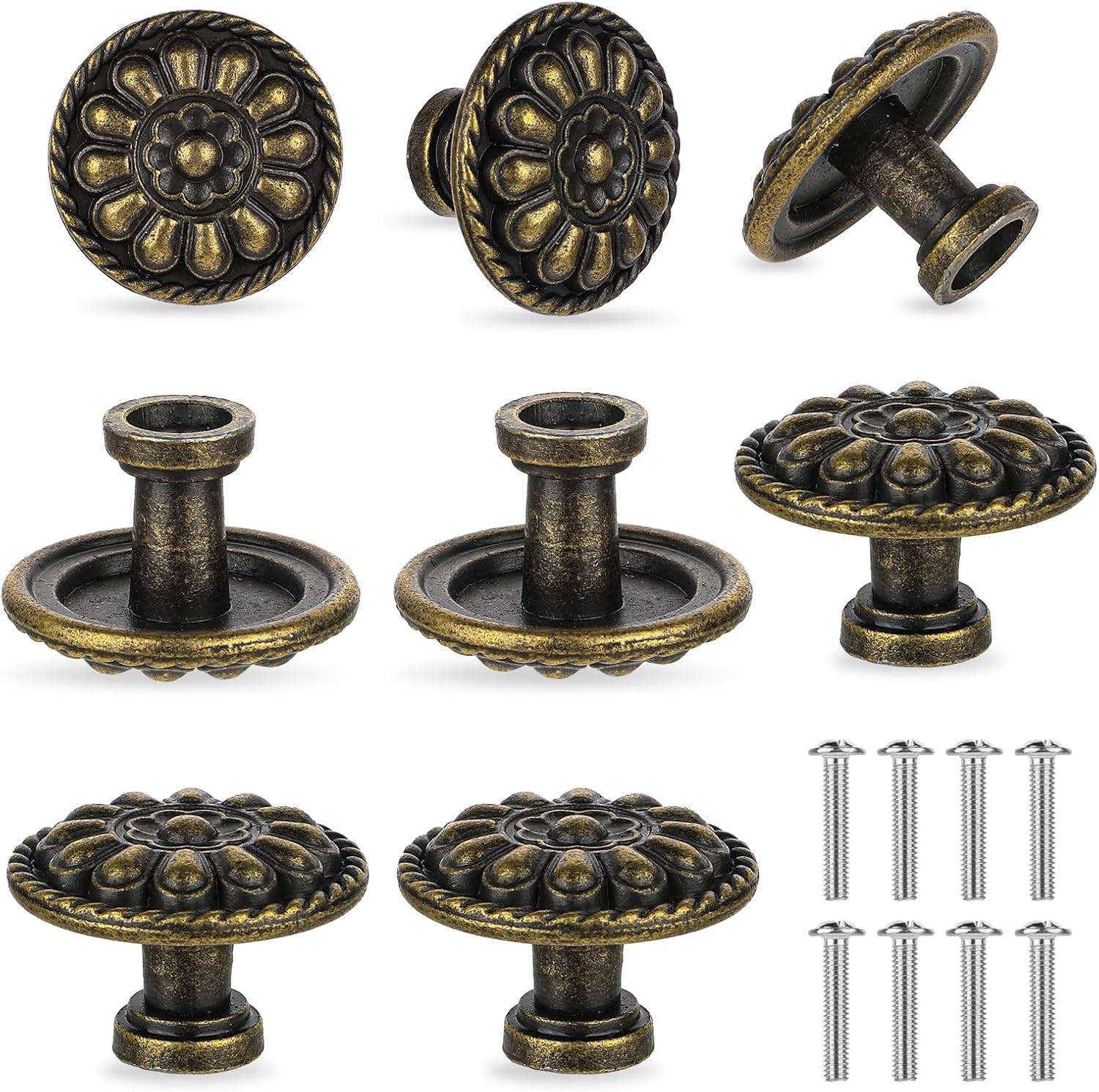 8PCS Antique Brass Drawer Knobs 1.18in Vintage Cabinet Pulls with Screws