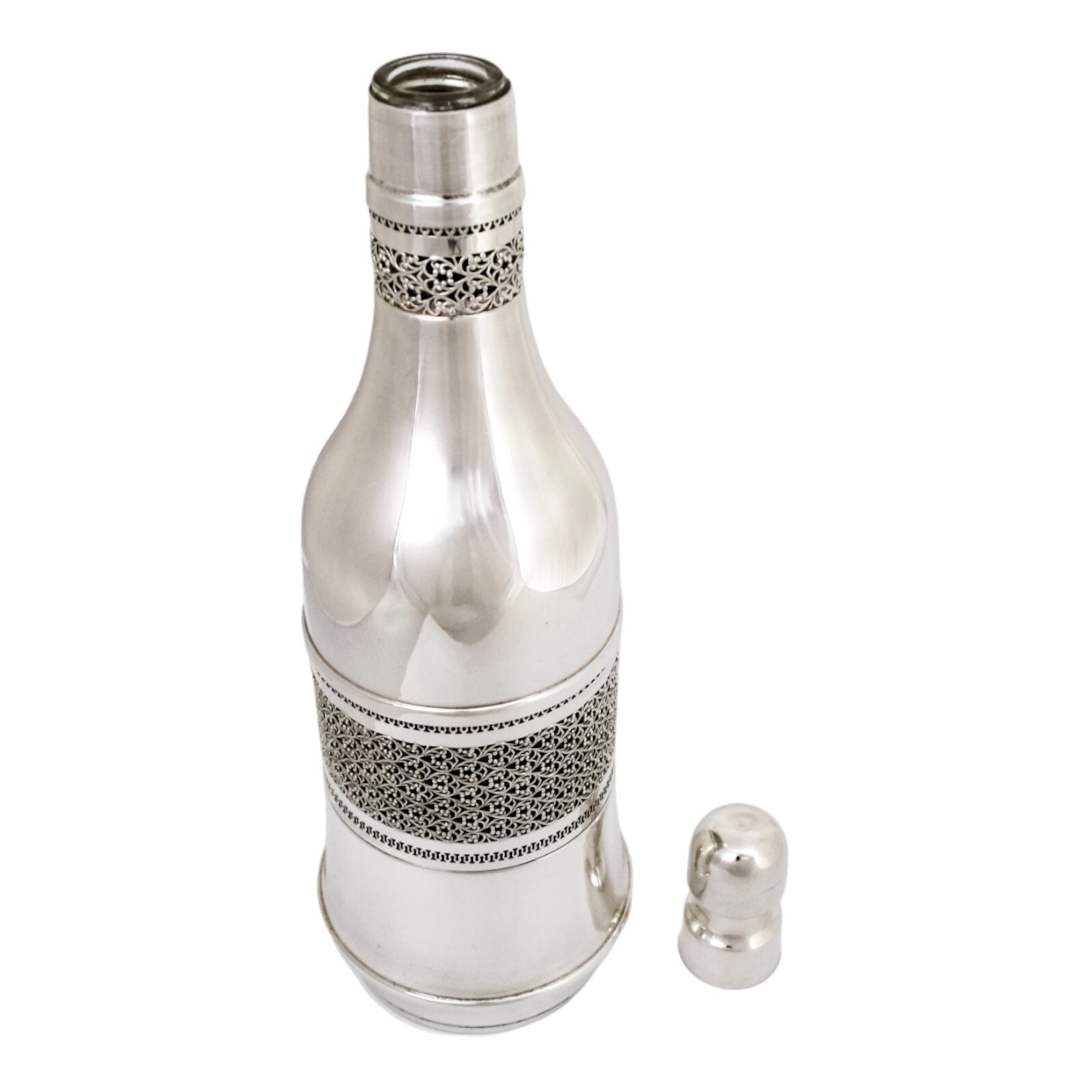 Vintage silver plated bottle sleeve, Arabesque scrolling lattice design, A.Segal