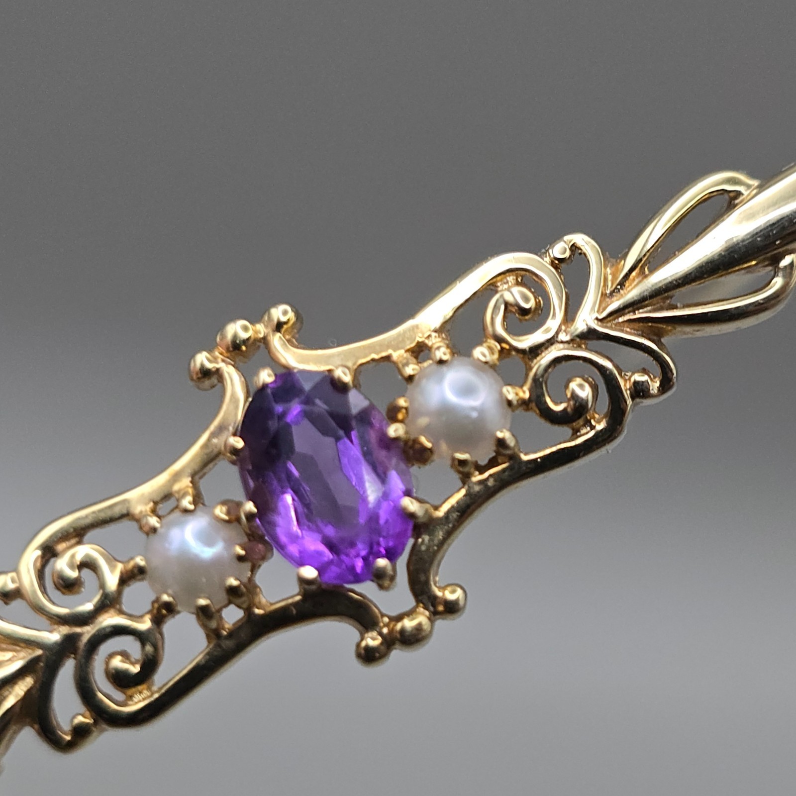 9ct Yellow Gold Amethyst & Seed Pearl Brooch Bar Pin London 1988–1998