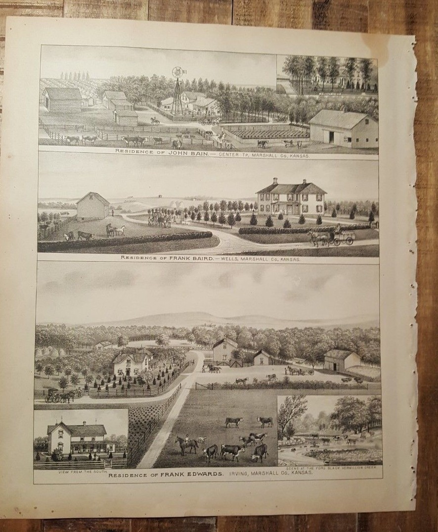 Antique Steel Engraving – RESIDENCE OF FRANK EDWARDS- IRVING -1887 KANSAS ATLAS