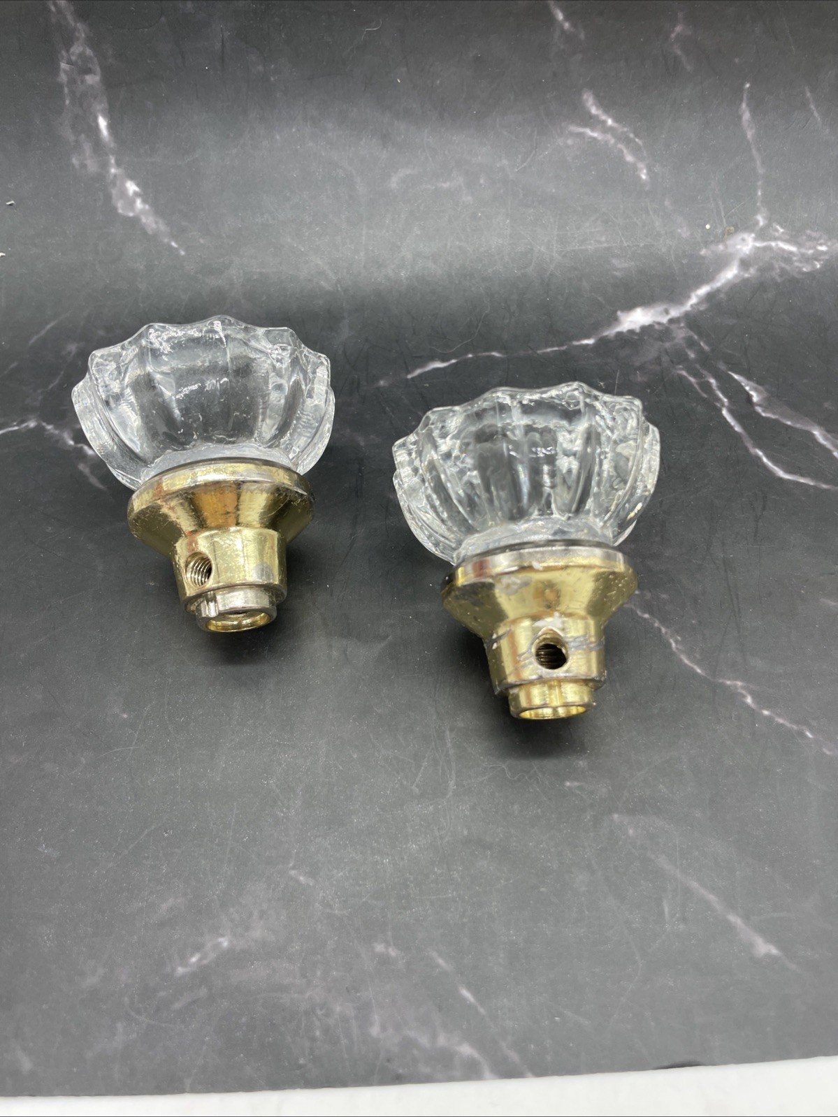 12 Sided Glass Starburst Door Knobs W/Brass Base Pair (2) 1920’s-1930’s Vintage