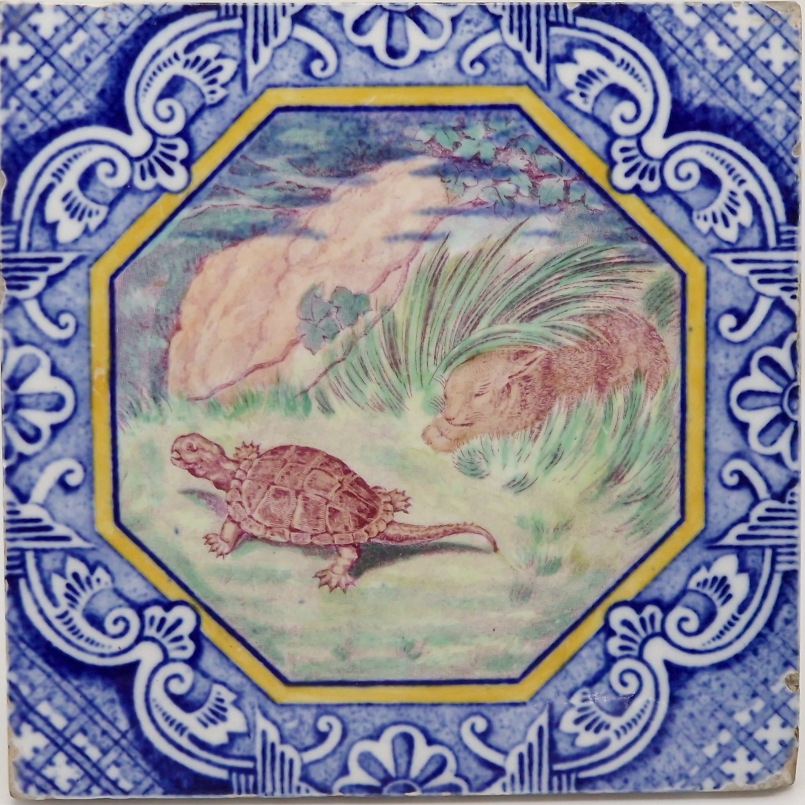 Victorian Tile Polychrome Tortoise & Hare Dutch Border Minton Hollins C1880