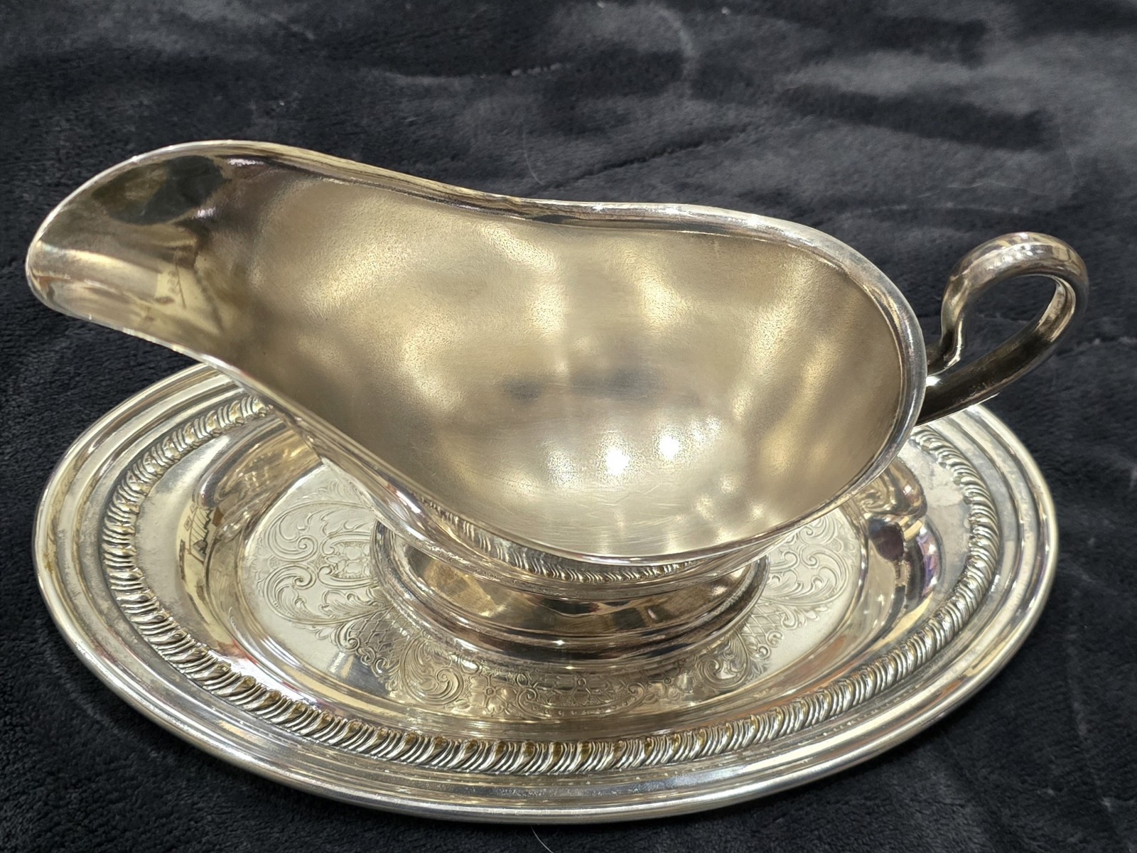 Vintage Crown- Marked Silverplate Gravy Boat With Matching Chased Tray
