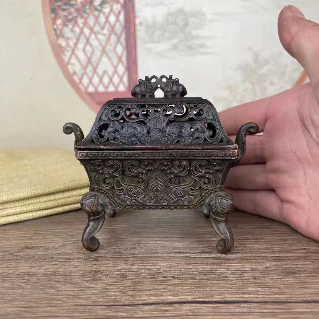 Chinese Antique Brass Auspicious Hollow Carving flowers Furniture Incense Burner