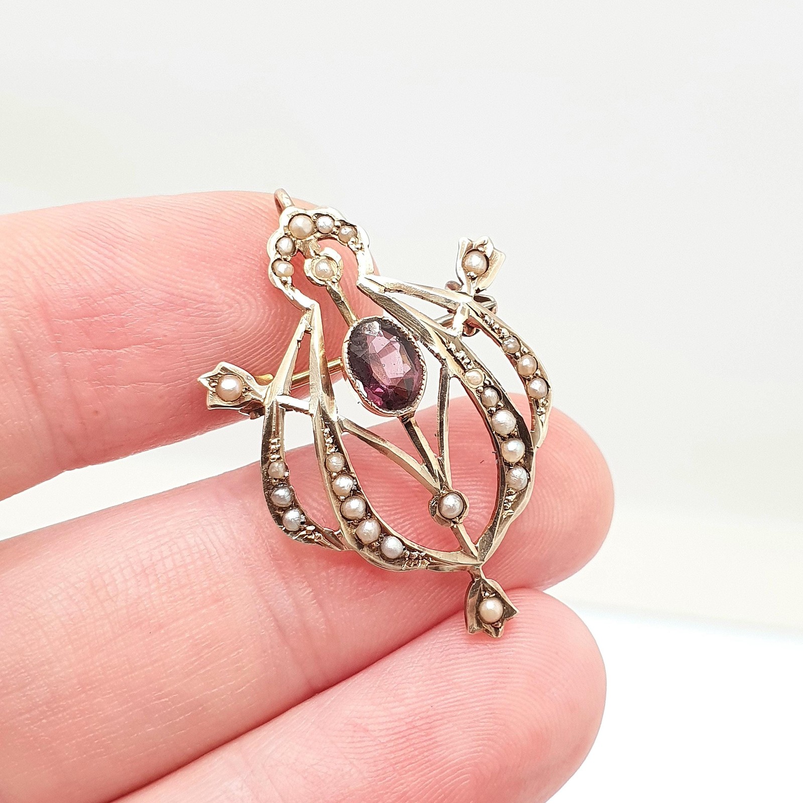 Antique 9ct Gold Amethyst Pendant Necklace Seed Pearl Brooch Edwardian Solid 375