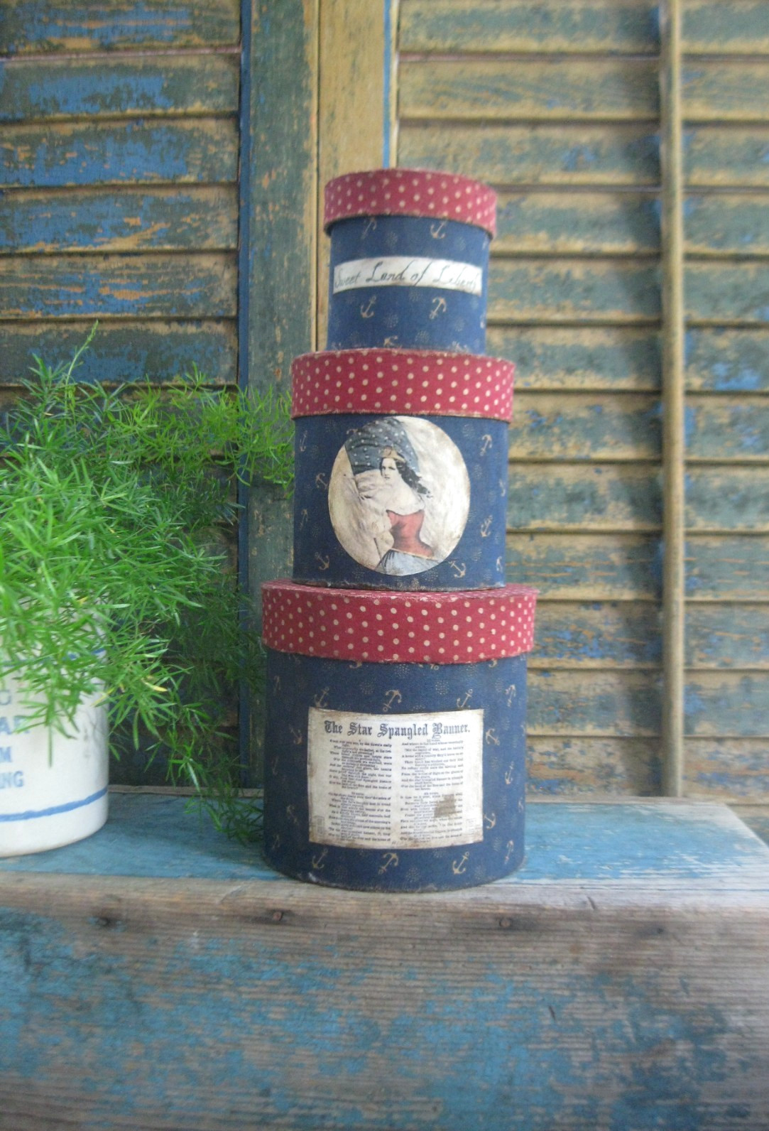Stack of 3 Medium Papier Mache Boxes Red & Blue Calico Americana Labels