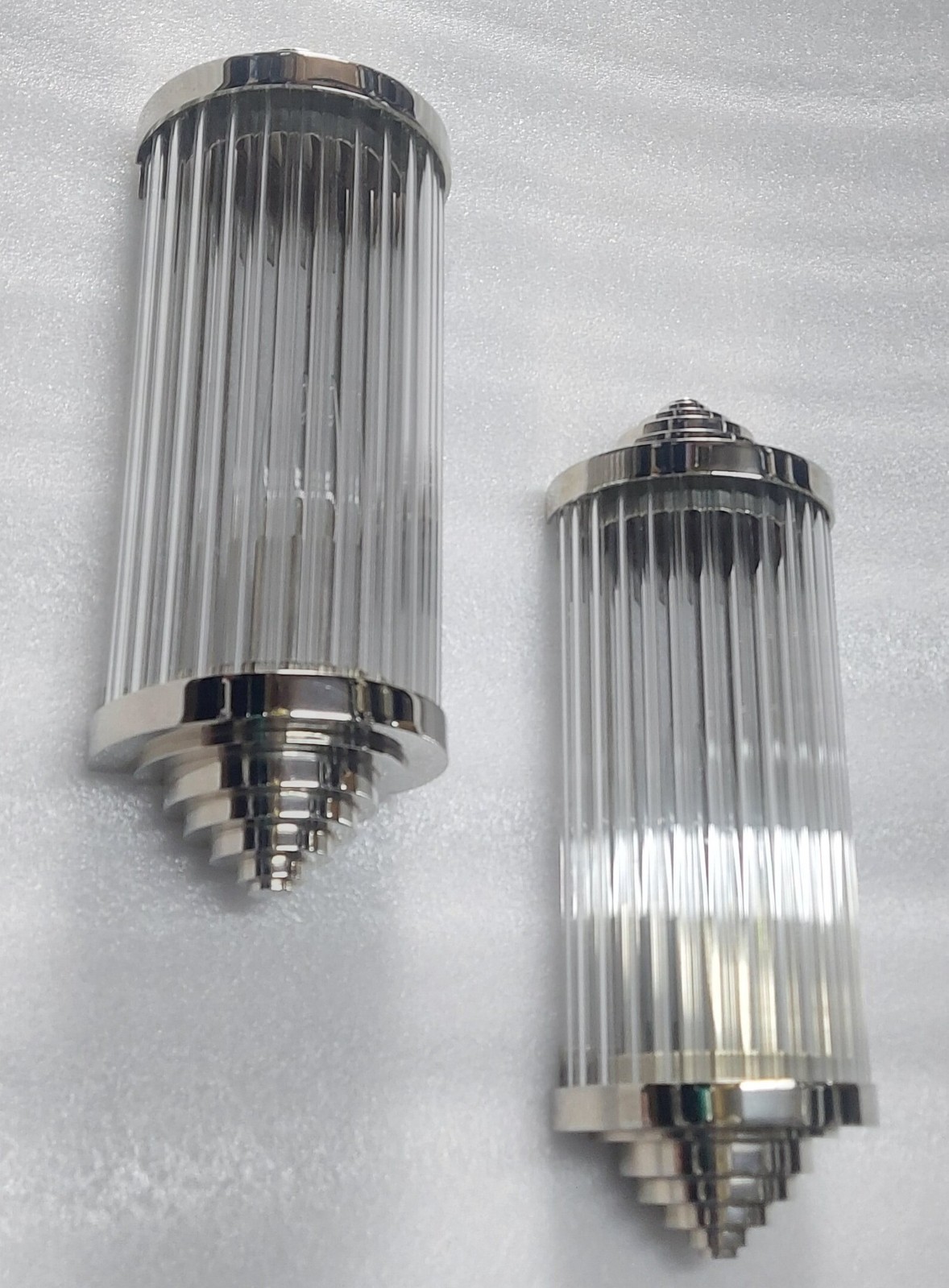 Pair Skyscraper Art Deco Vintage Wall Sconces Nickel Brass Glass Rod Ship Light