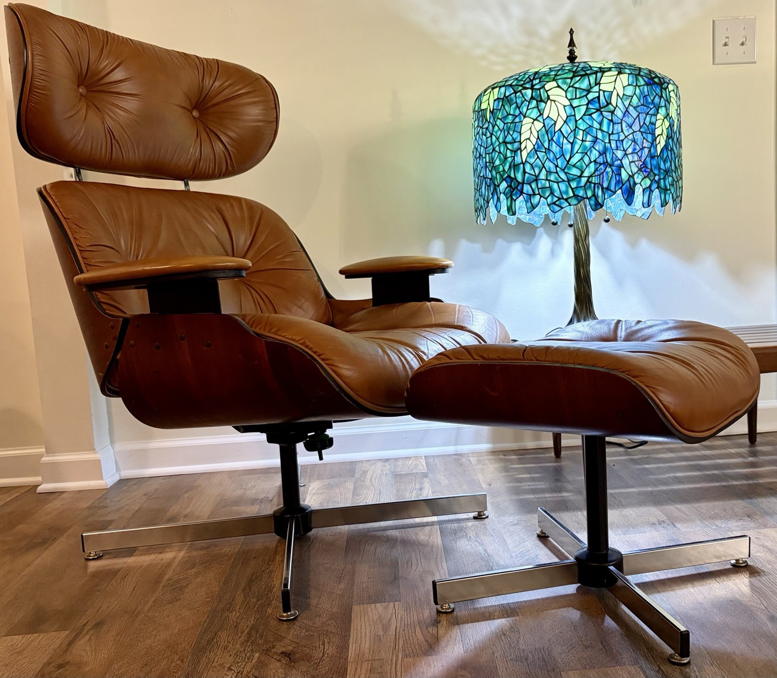 Vintage Plycraft Leather Lounge Chair Ottoman MCM Mid Century Miller Eames Style