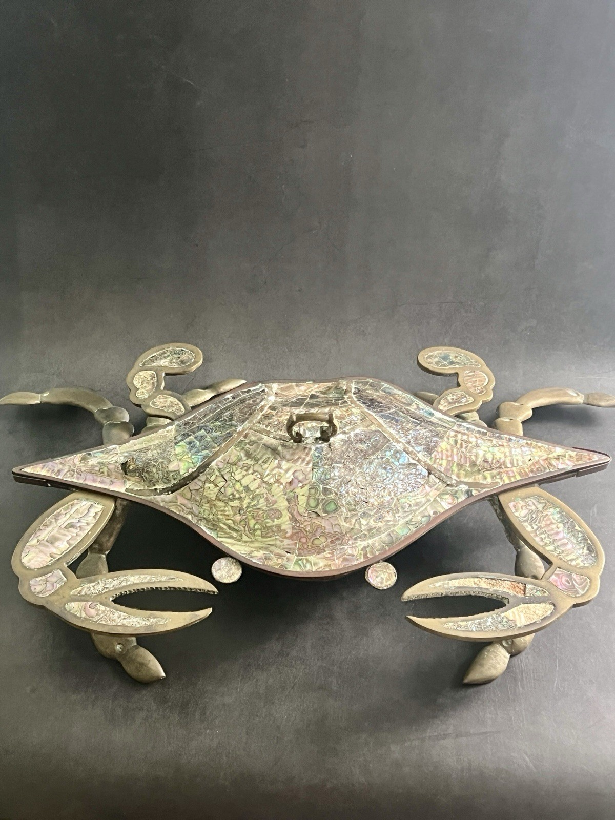 Vintage Mexican Abalone Crab Shaped Brass Copper Dish With Lid as-is