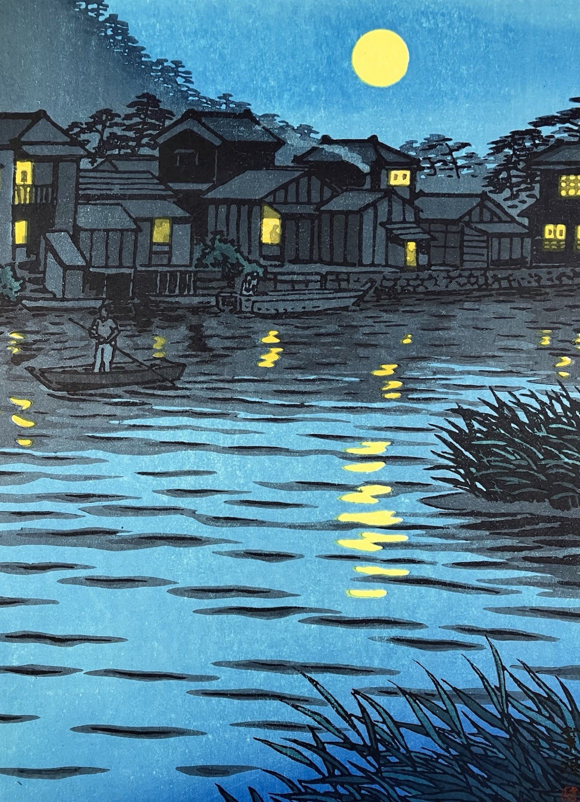 Kasamatsu Shiro Woodblock Print “Rising Moon at Katase River” Shin-hanga