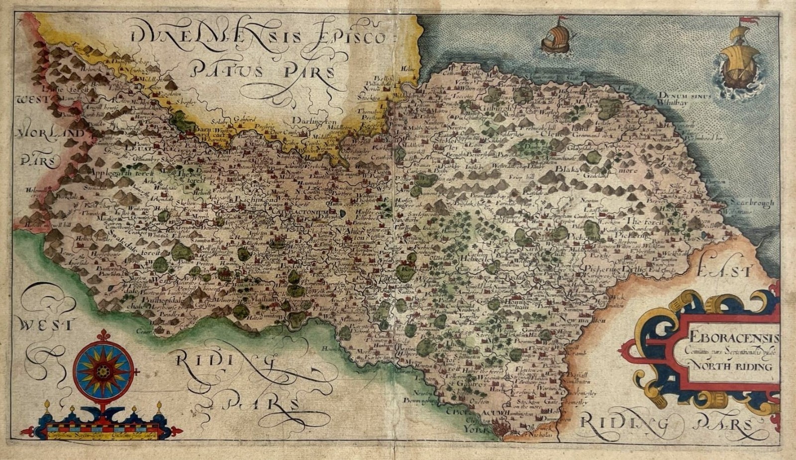 c. 1610 Copper Engraved Hand-Colored Map – North Yorkshire England Saxton/Hole