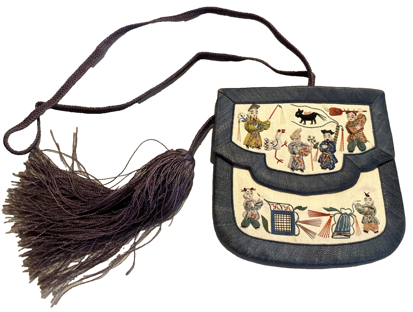 Antique Chinese Qing Dynasty 19th Century Silk Embroidery Double-sided Purse