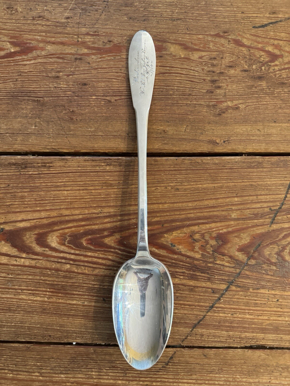 Large Gorham Silver Plate 12.5” Serving Spoon “ROCHAMBEAU to Lt Gov Bowen 1780”