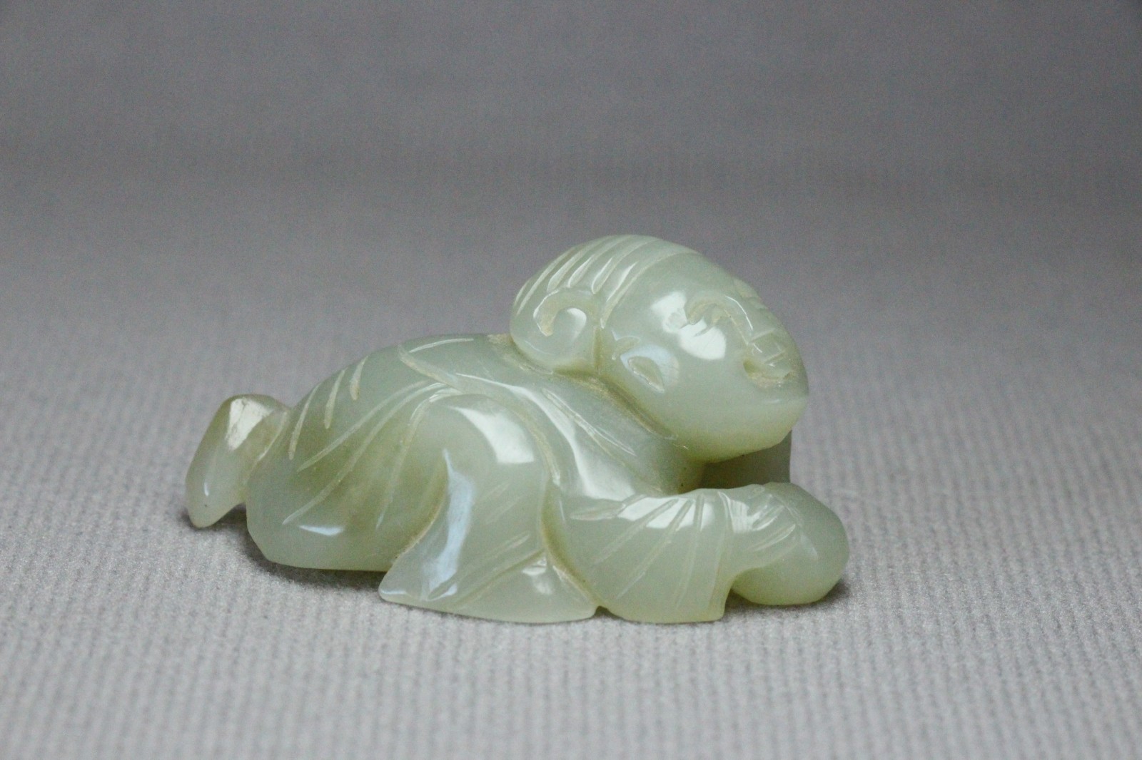 Chinese Antique Old Hetian Jade Hand-Carved Boy hold peach Statues