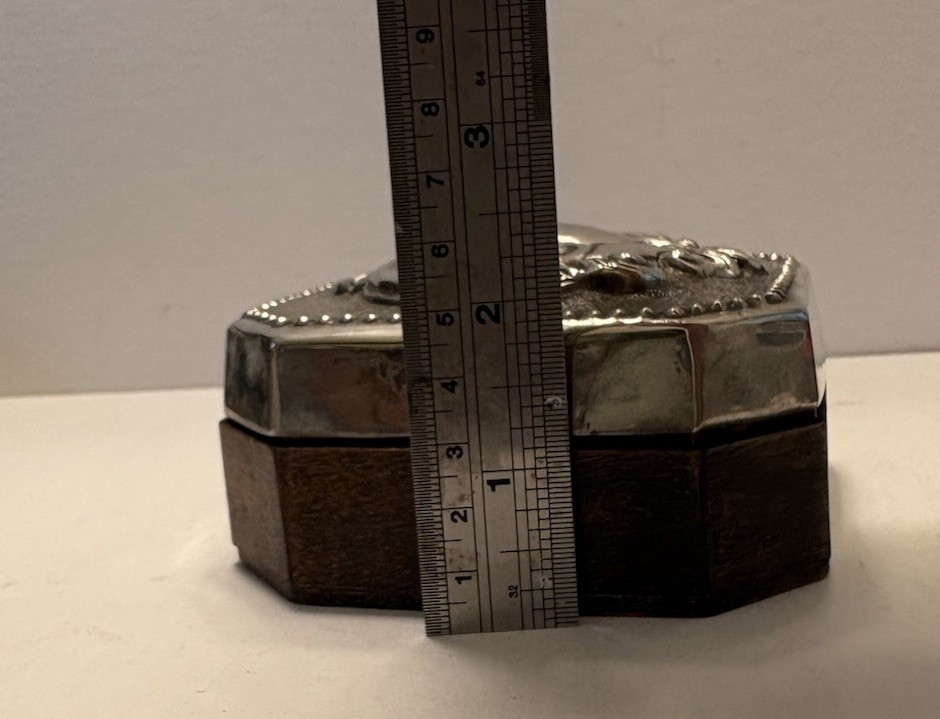 Antique Victorian Octagonal Oak & Silver Plate Box,Repoussé Rococo Top, Unmarked