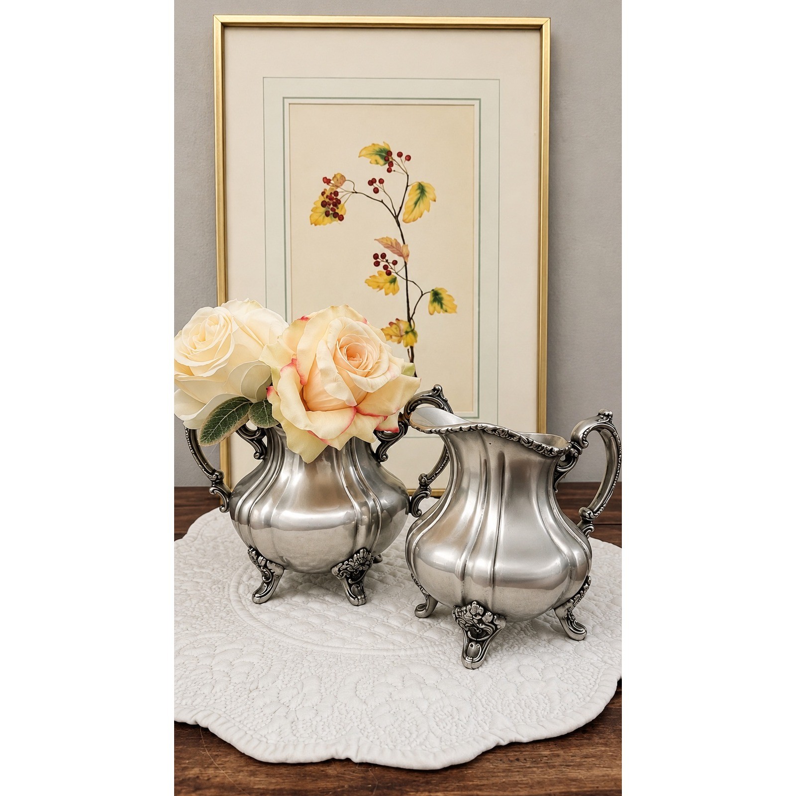 Vintage Silver Plated Melon Ribbed Creamer and Sugar Bowl Set Footed Ornate