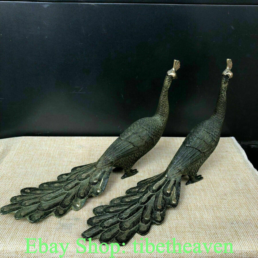 10.4″ Old Chinese Bronze Feng Shui Peacock Peafowl Statue Sculpture Pair