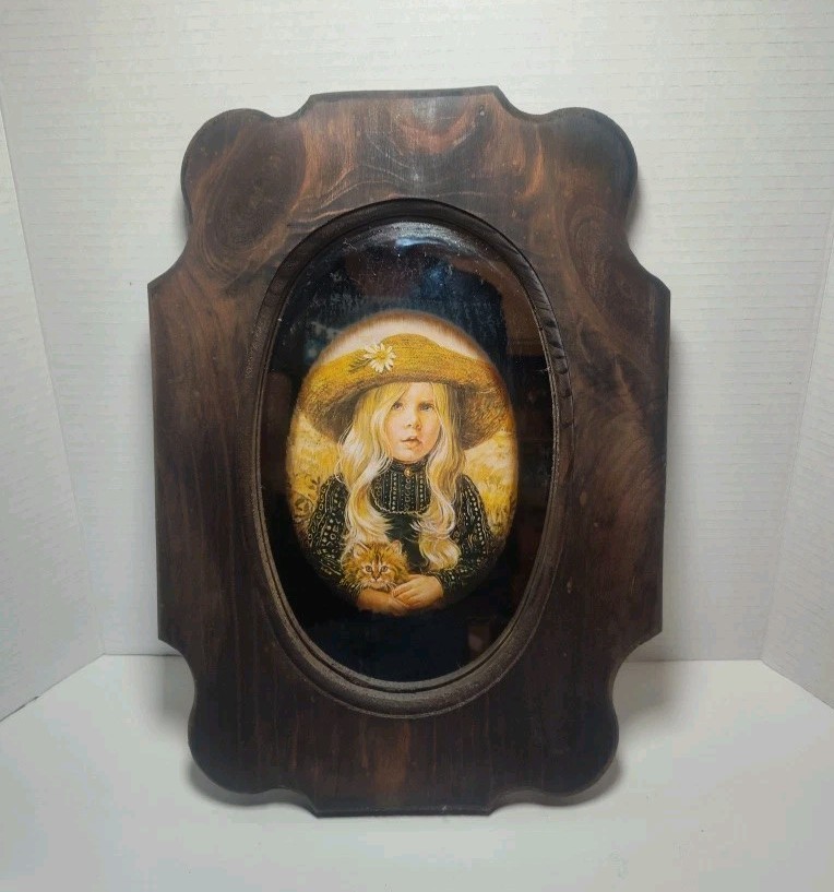 Vintage Wooden Framed Mirror Print Picture Blonde Girl with Cat 15.25″×11″