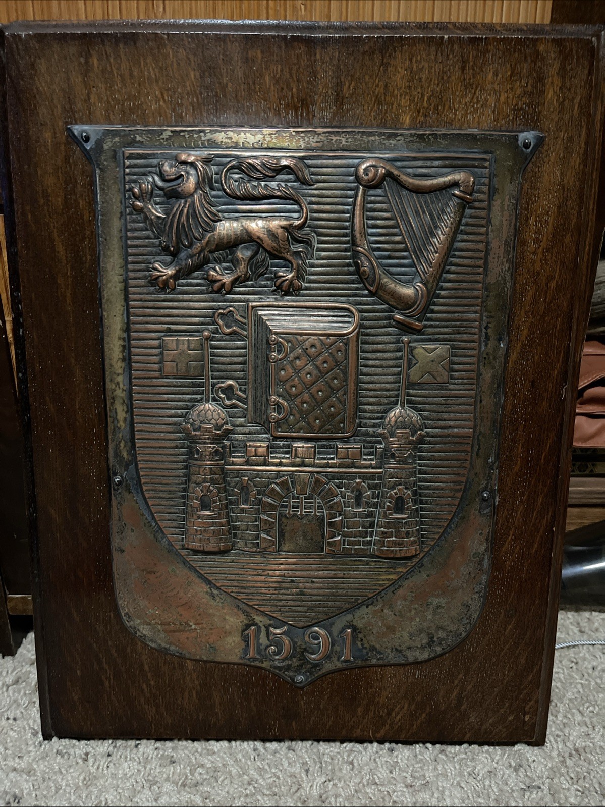 Vtg Wall Panel Plaque In Copper With Royal Coat Of Arms 1905 Fisher & Ludlow Ltd