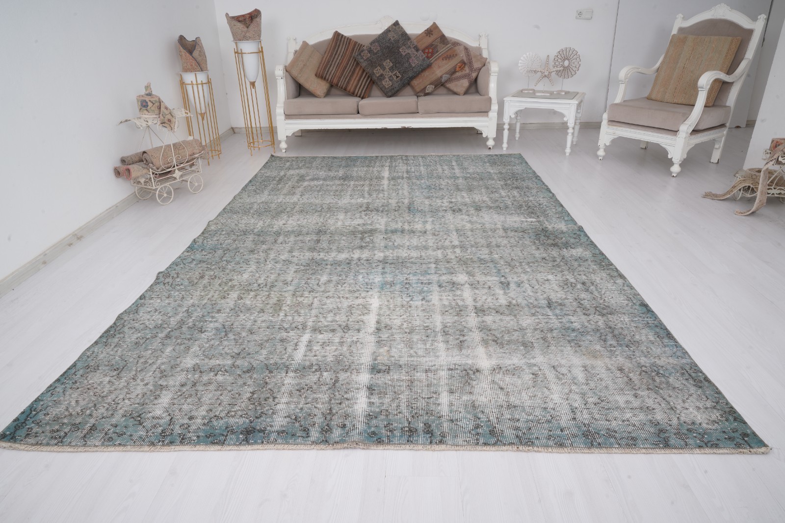 Oversized Turkish Rug 7×11, Large Vintage Oushak Wool Carpet, Faded Tones,300
