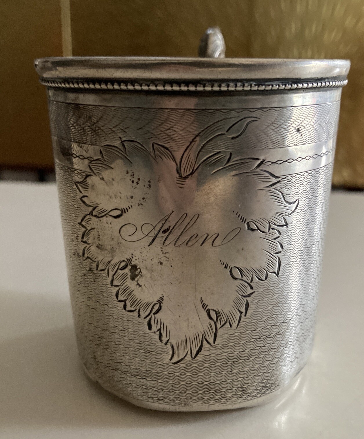 Antique American Coin Silver Maple Leaf Handle Cup S Hammond Co Utica NY