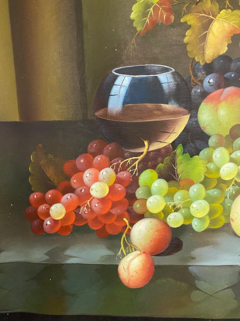 Hand Painted Oil Painting – Glass of Wine Grapes Fruit Still Life Scene 40″x30″