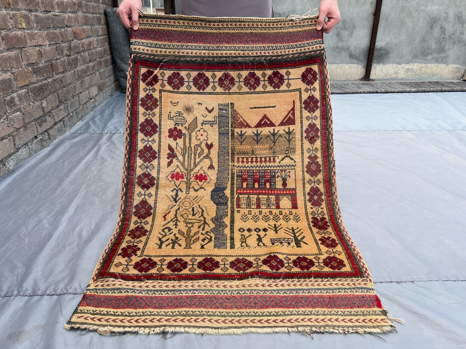 2.7×4.1 ft Vintage Afghan Baluchi Rug Hand Knotted Tribal Wool Pictorial Carpet
