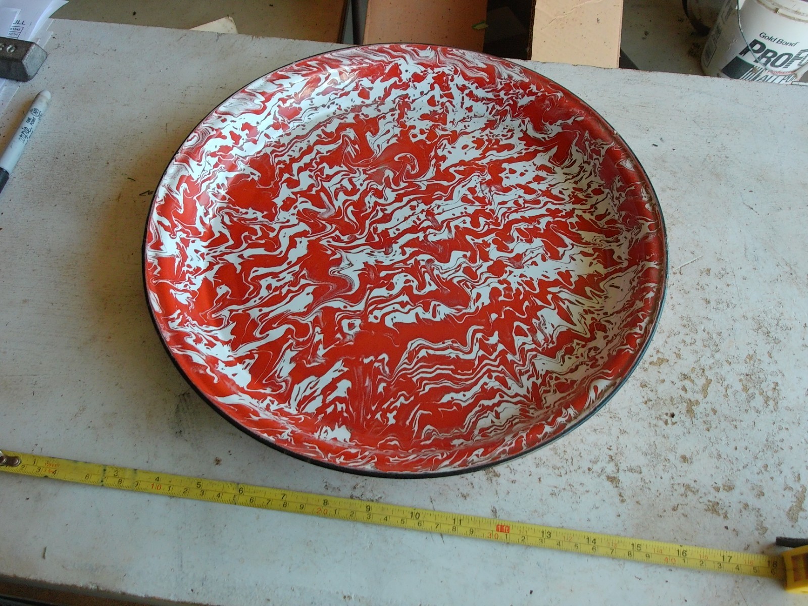Antique Red & White Swirl Enamelware tray 13 3/4″ Dia. Lot 26-13-G