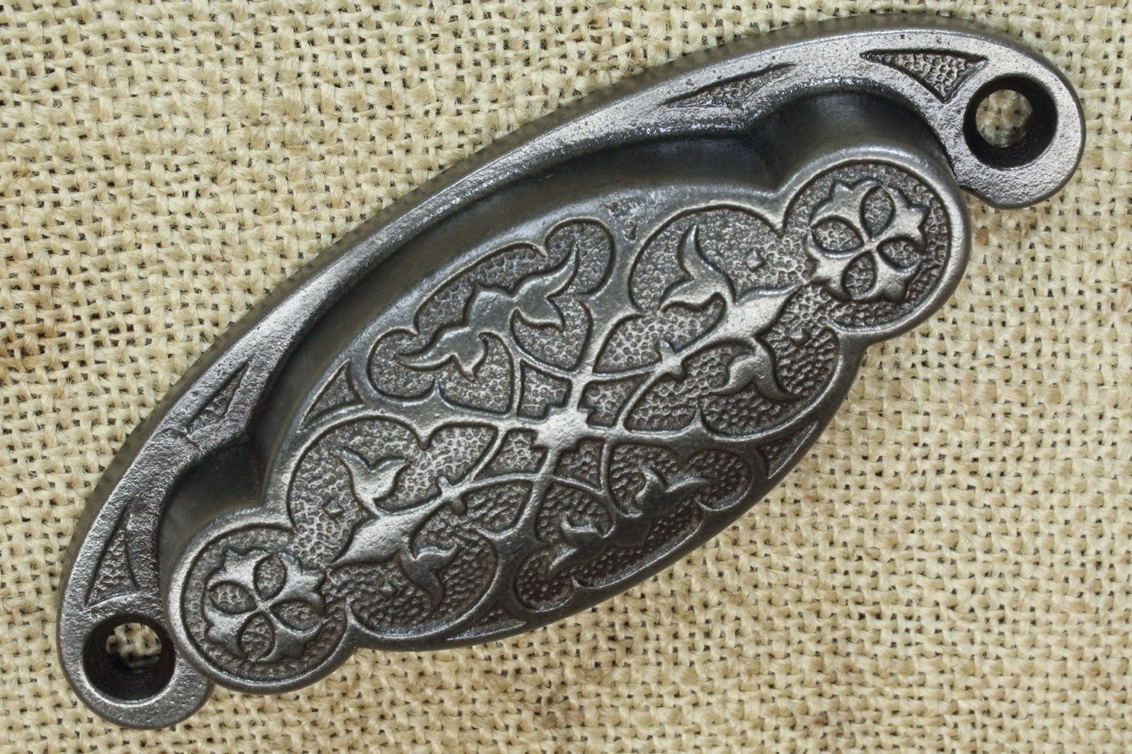 Old Bin Drawer Pull Door Handle 4 1/2” Cast Iron Oval Floral Ferns Restored