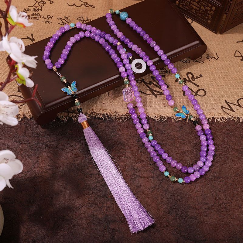 Purple Round Bead Crossbody Chain, Wearing A Placket Literary Necklace for Women
