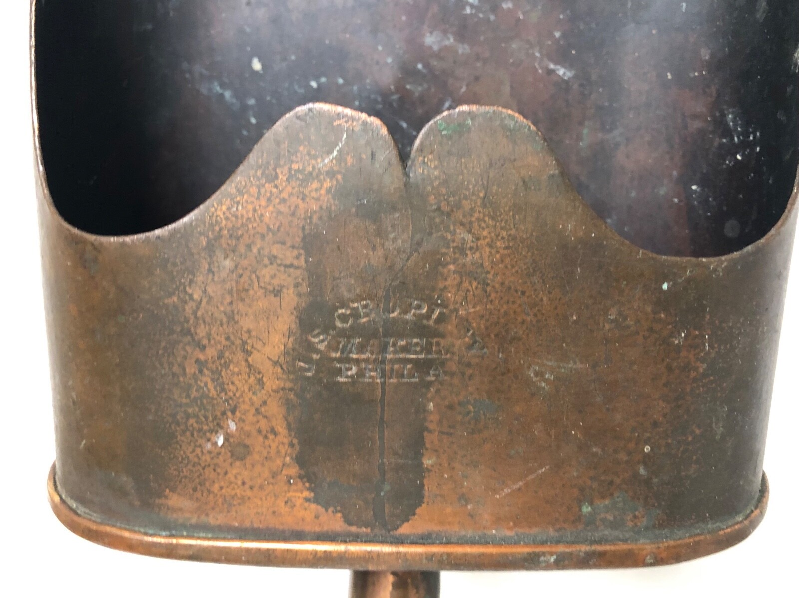 J.S. CROPLEY MAKERS PHILADELPHIA ANTIQUE COPPER COAL SCUTTLE SHOVEL WOOD HANDLE