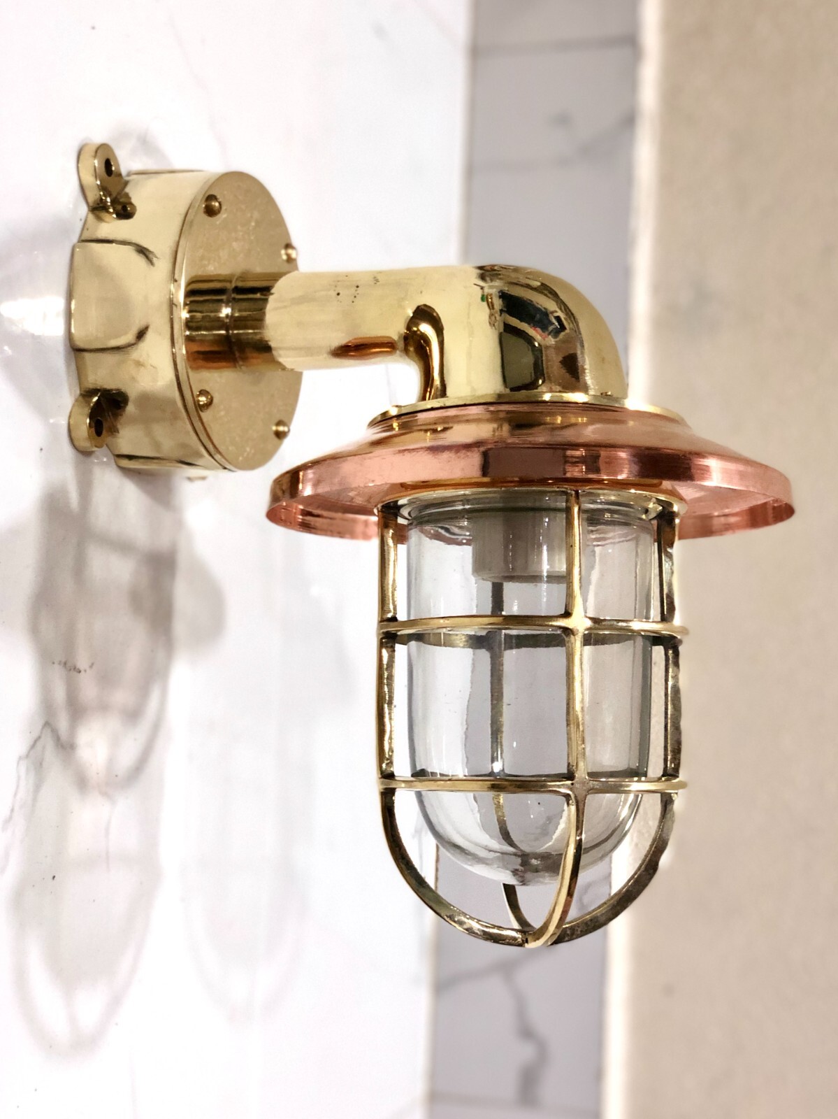Brass Wall Light with Copper Shade & Junction Box – Nautical Industrial Style