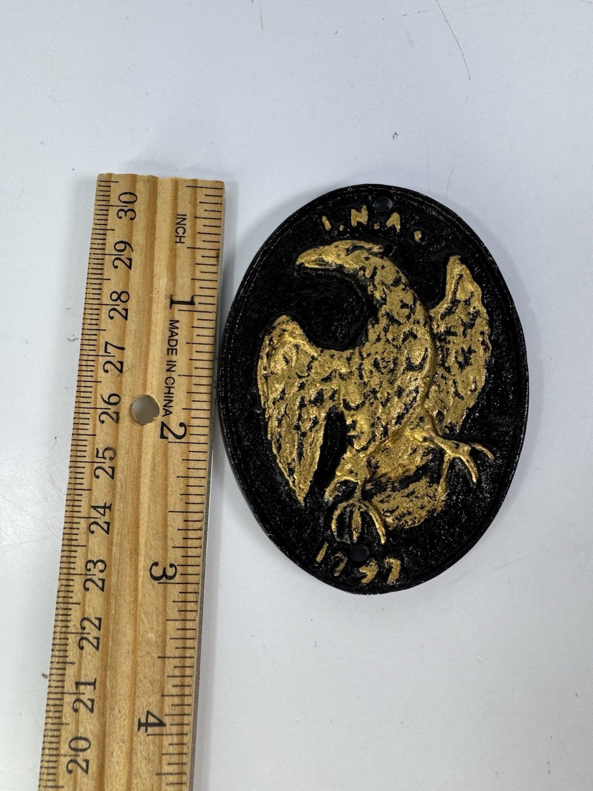3⅛” Antique Vintage Fireman’s INA Eagle Insurance Cast Iron Oval Plaque / Marker
