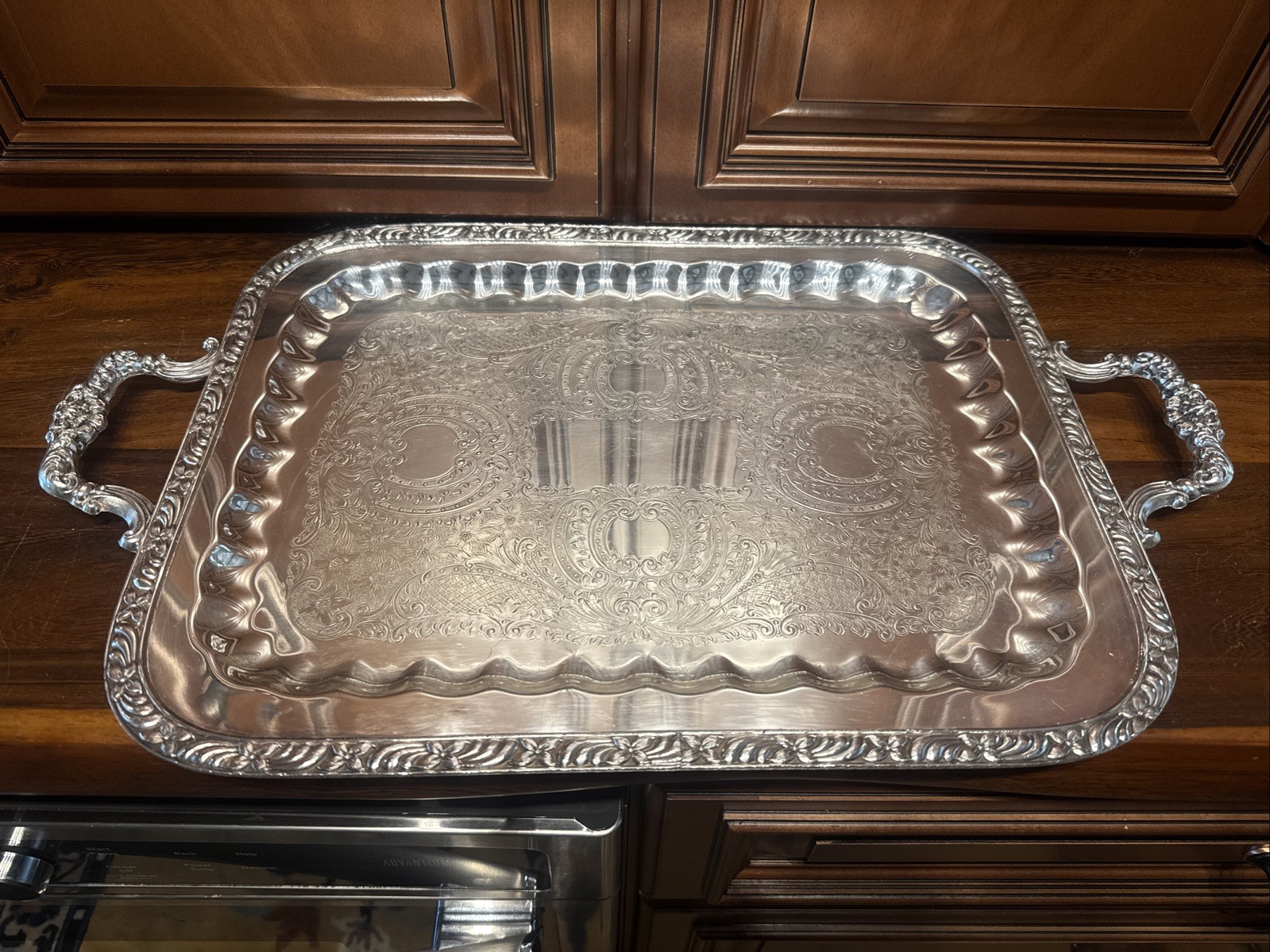 1883 FB Rogers Silver Co. Silver On Copper 21” Tray 4560 Ornate Chased
