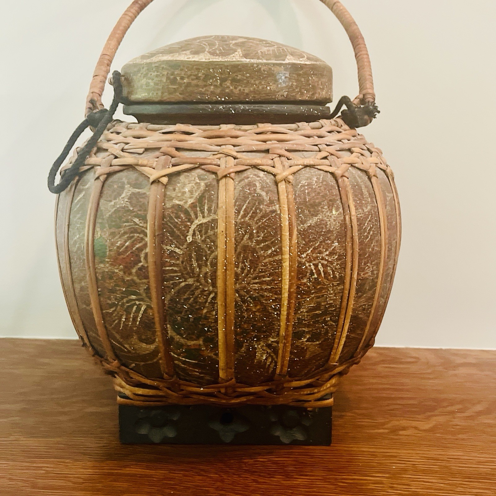 Vintage Thai Burmese Floral Lacquered Hand-Woven Bamboo Rice Container Pot