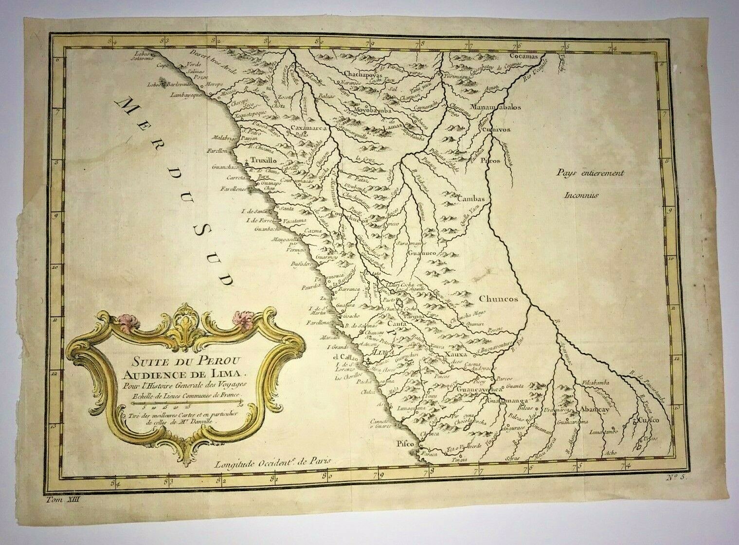 PERU LIMA 1756 NICHOLAS BELLIN ANTIQUE ENGRAVED MAP 18TH CENTURY