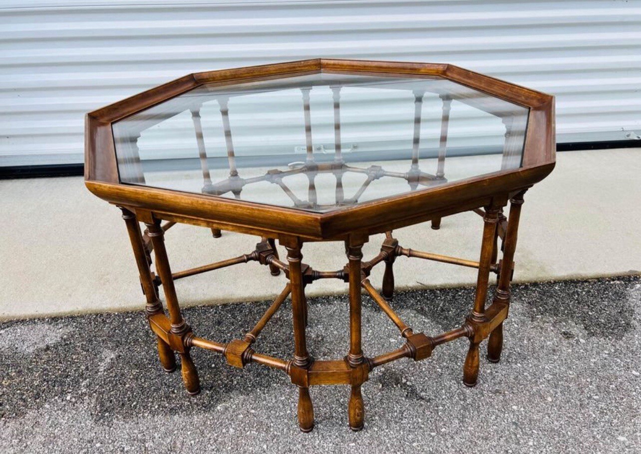 Vintage RARE Octagonal Coffee Table With Sunken Glass Top Dark Wood Spindle Legs