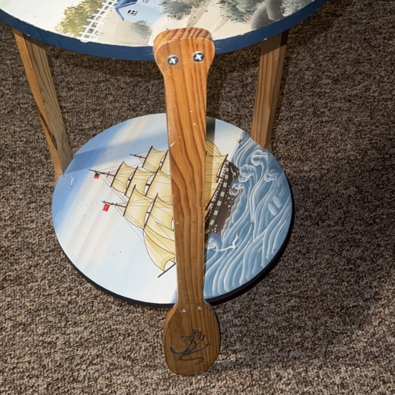 Hand Painted Lighthouse Antique Round Wood Accent Table, 16x16x29 in, Multicolor