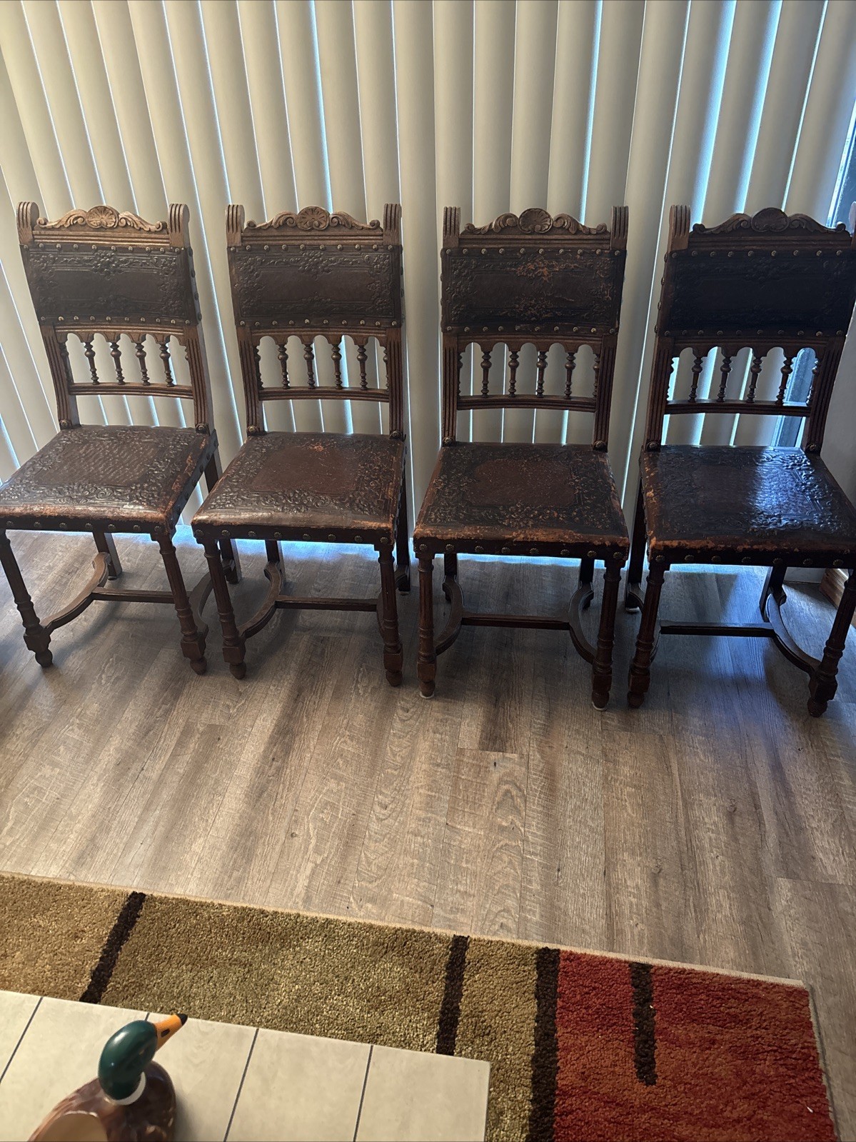 4 Antique Henry II Style Carved Dining Side Chairs Tooled Leather Upholstery