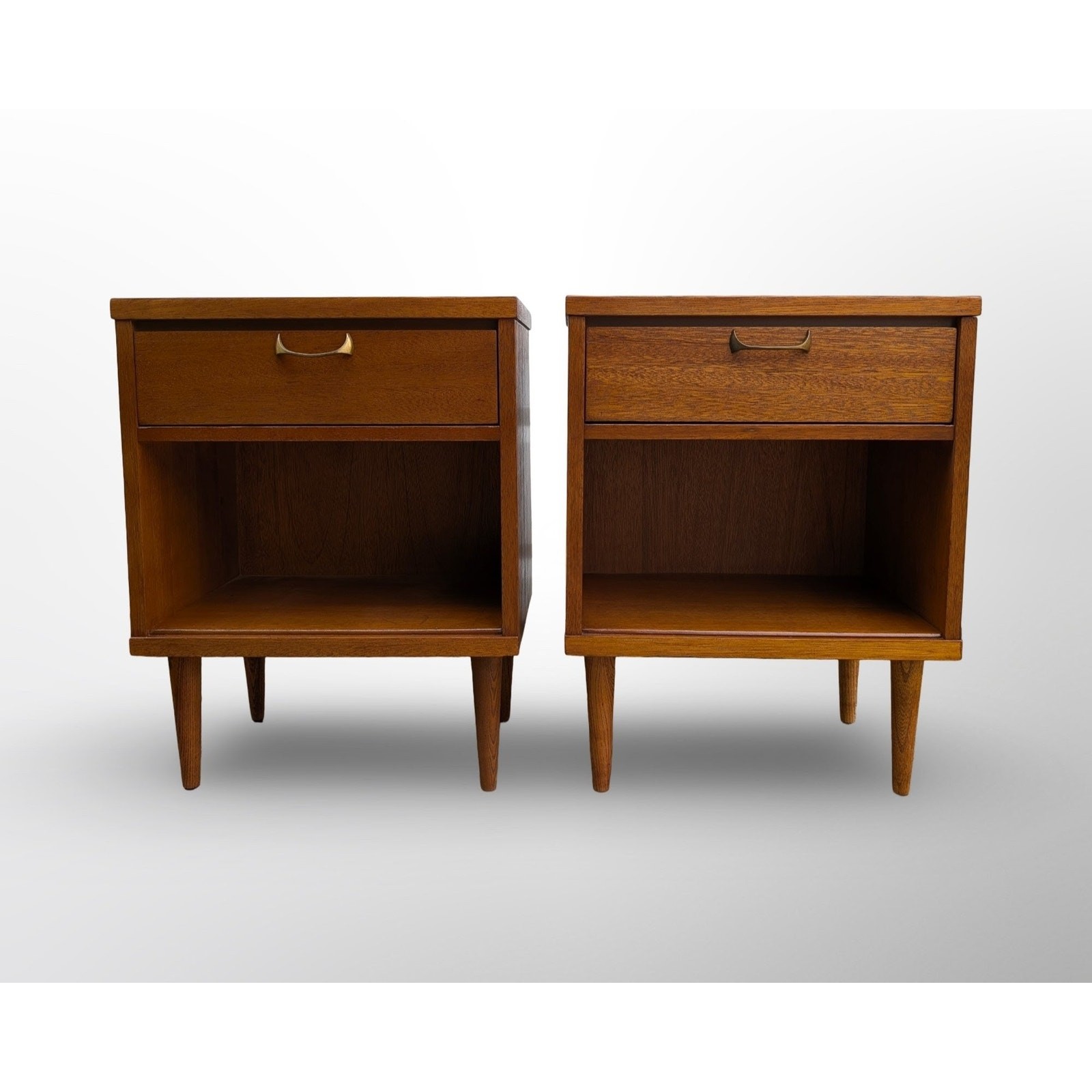 Pair Mid Century Modern Nightstands Restored Brass Pulls Walnut Finish