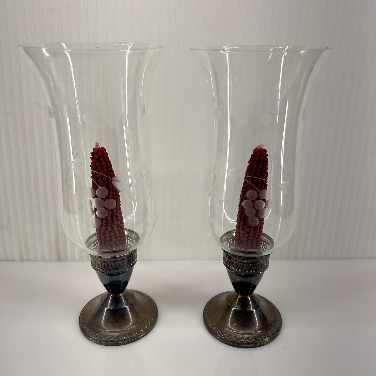 Pair Sterling Silver Duchin Creation Aged Patina Weighted Candle Holder Glass